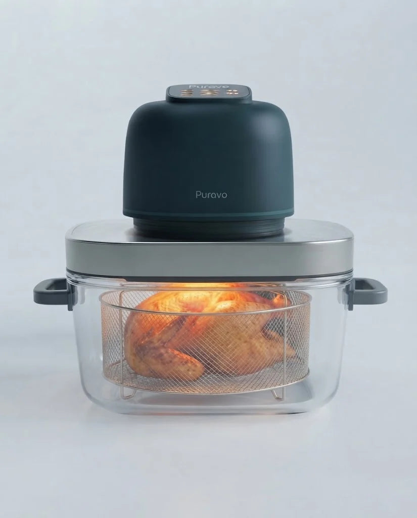 A whole roast chicken turning inside the rotisserie basket of Puravo Glass