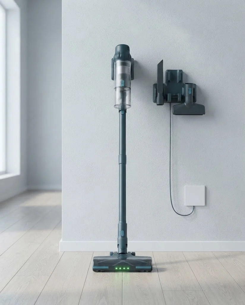 Puravo Stick standing upright on its own in a bright hallway beside its wall dock with the tools hanging on it