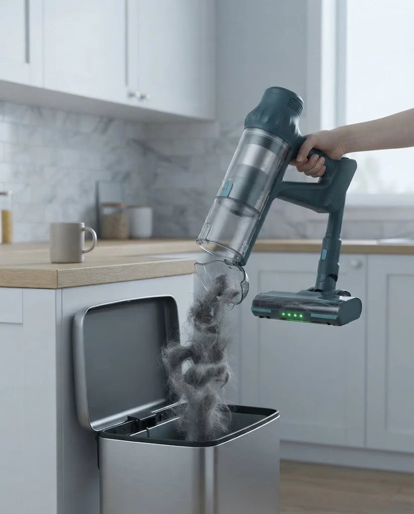 Puravo Stick held over a kitchen trash can with its large clear dust cup flipped open
