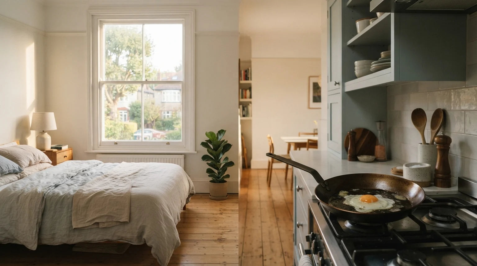 A dry bedroom window and, beyond it, a bare steel pan on the stove