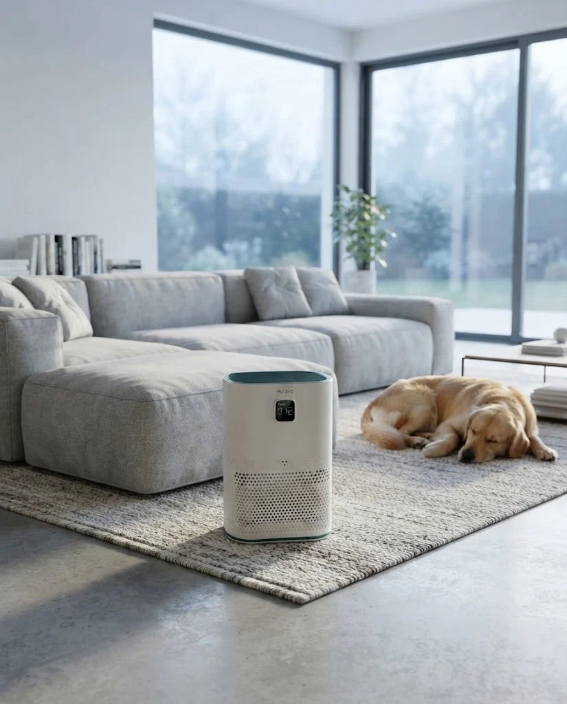 Puravo Air in a large open-plan living room with a golden retriever asleep nearby