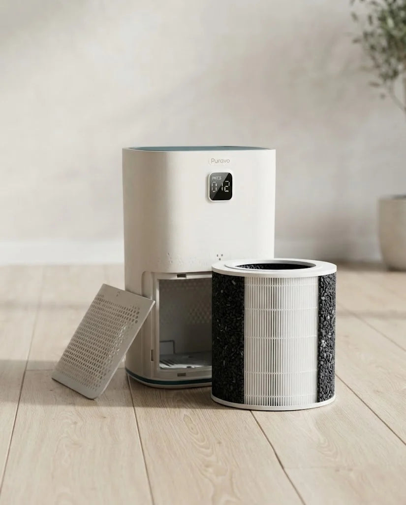 The Puravo Air filter standing beside the open unit showing its white pleats and dark carbon layer