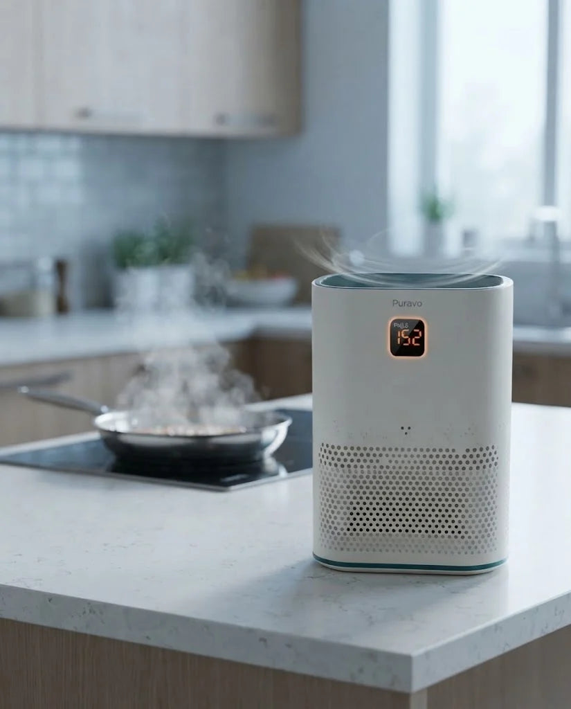 Puravo Air in a kitchen with its display glowing orange while a pan steams on the stove