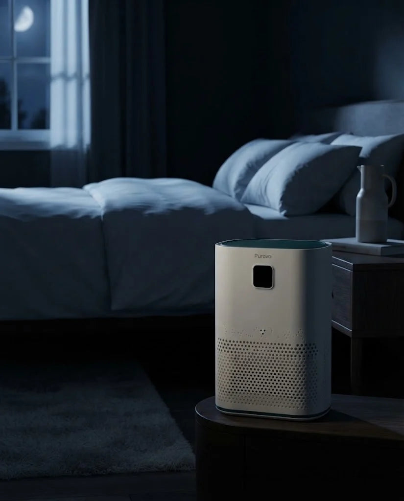 Puravo Air beside a nightstand in a dark bedroom at night