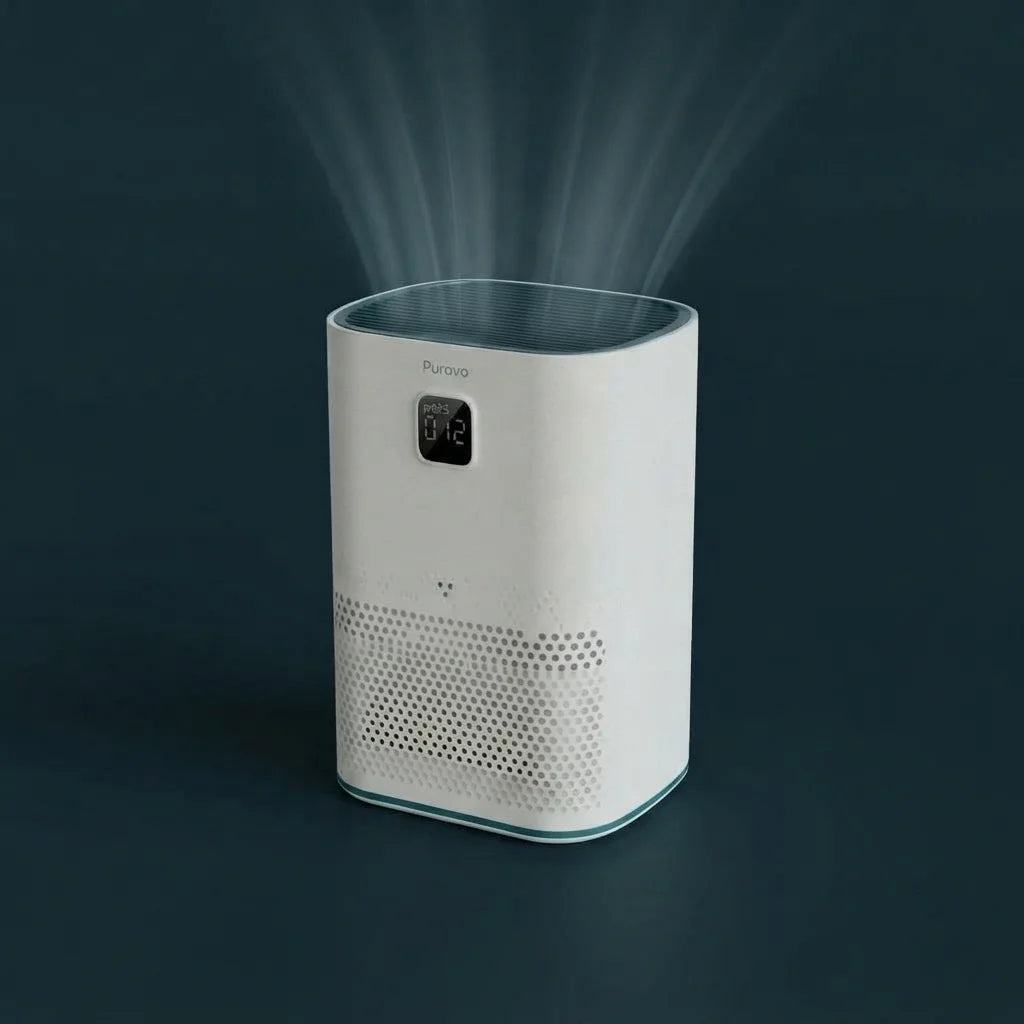Puravo Air studio render on a dark petrol surface with light rising from the top outlet