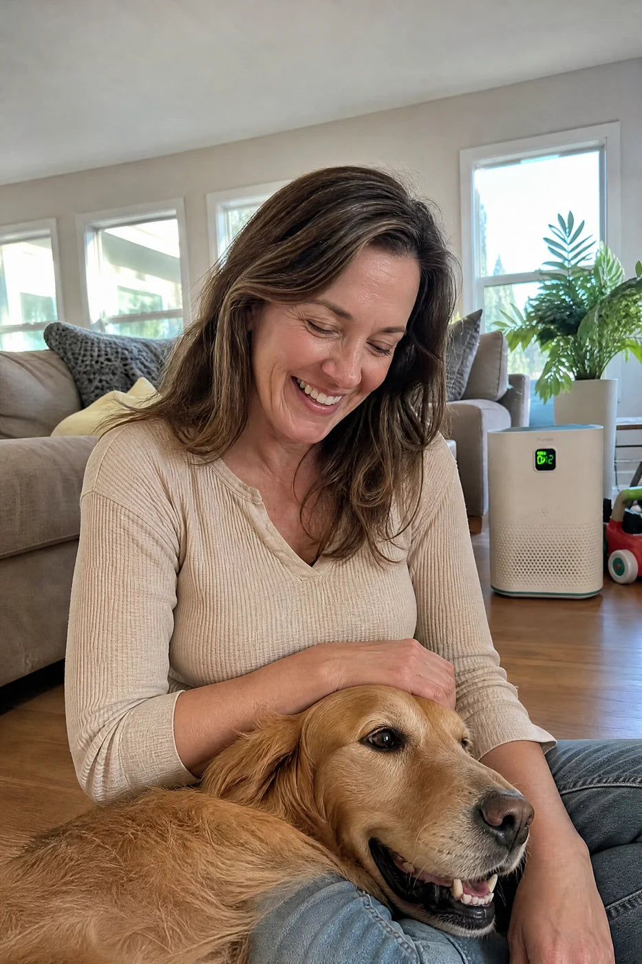 A woman sitting on her living room floor with her golden retriever, Puravo Air behind her with a green display