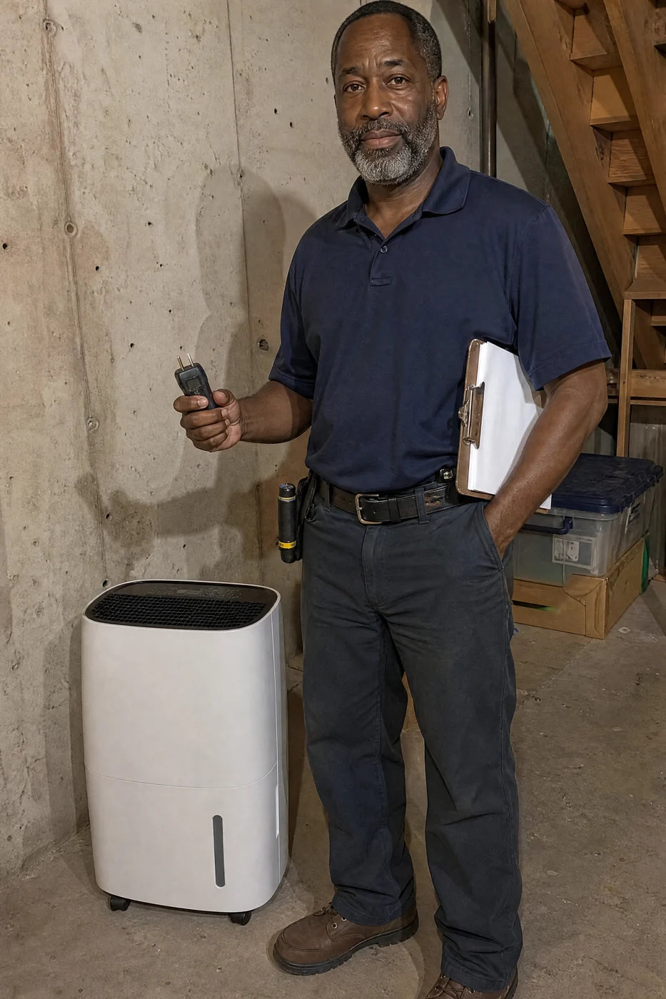 A home inspector in his fifties standing in a basement beside Puravo Dry