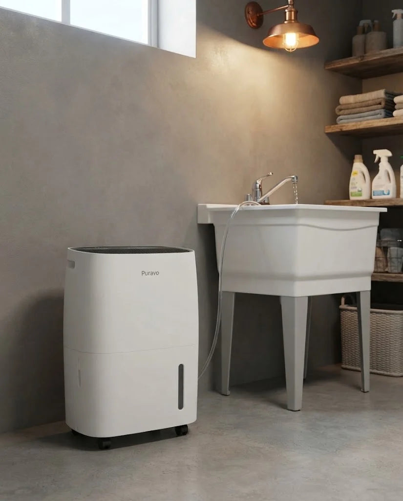 Puravo Dry beside a basement utility sink with its pump hose draining water into the sink