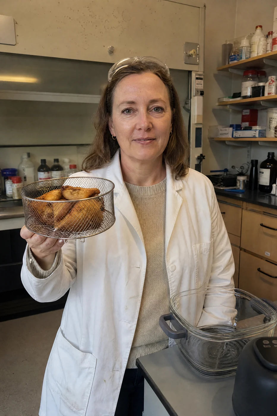 A materials chemist in her lab holding the stainless basket of Puravo Glass