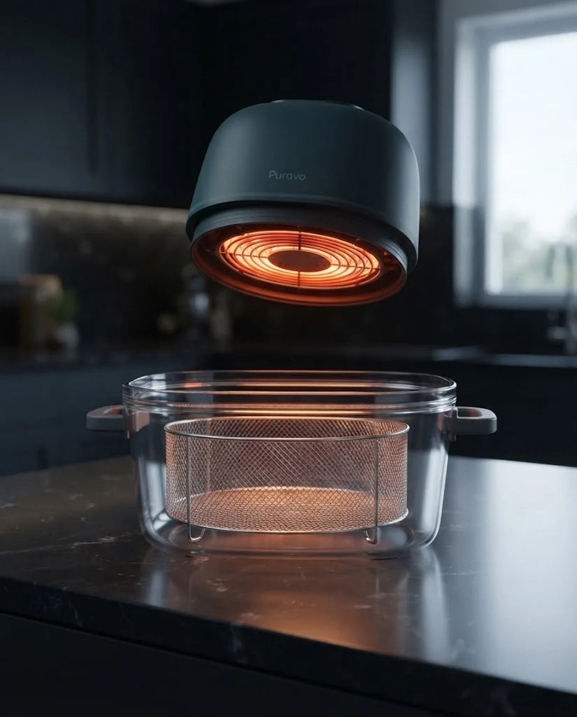 The Puravo Glass lid lifted to show the heating element glowing orange