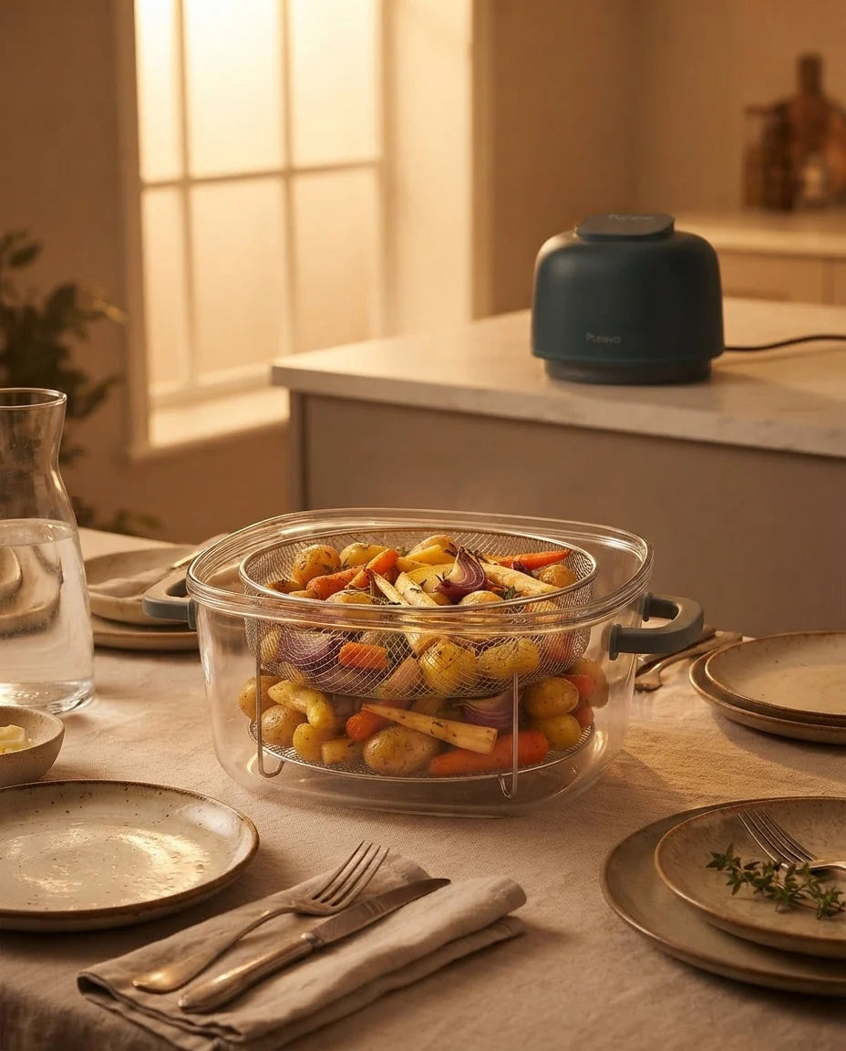The glass bowl of Puravo Glass full of roast vegetables on a set dinner table