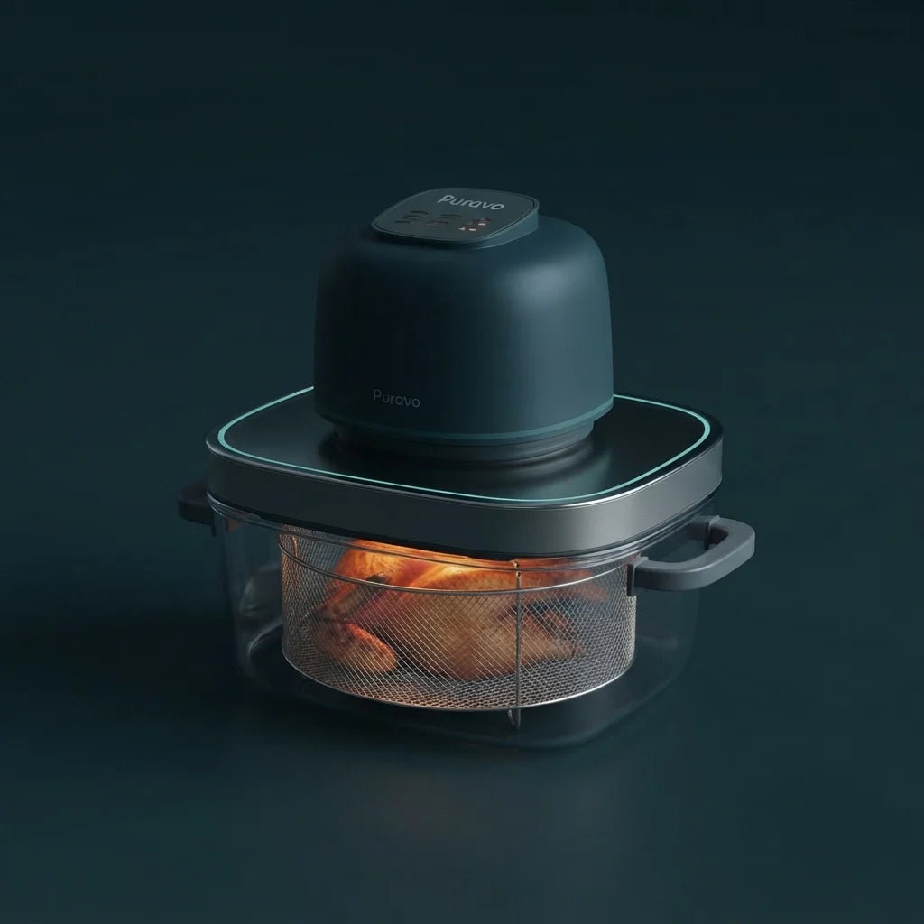 Puravo Glass studio render on a dark petrol surface
