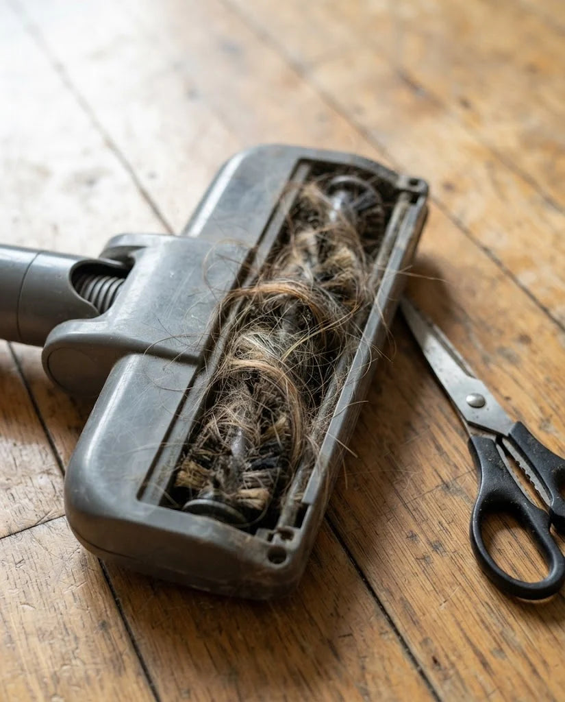 A standard vacuum brush roll wrapped tight with dog hair next to a pair of scissors