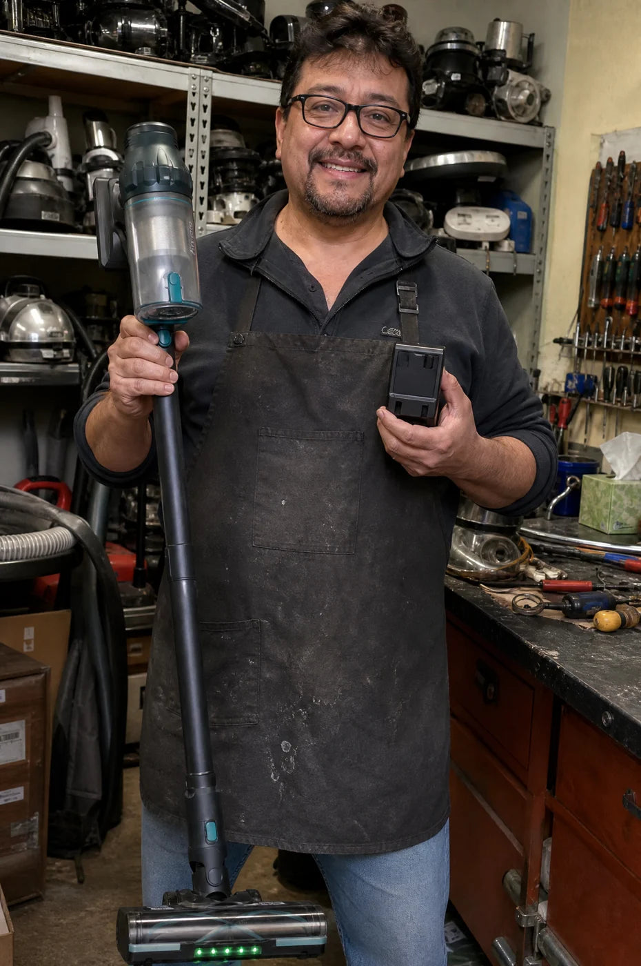 A vacuum repair technician in his workshop holding Puravo Stick and its removable battery