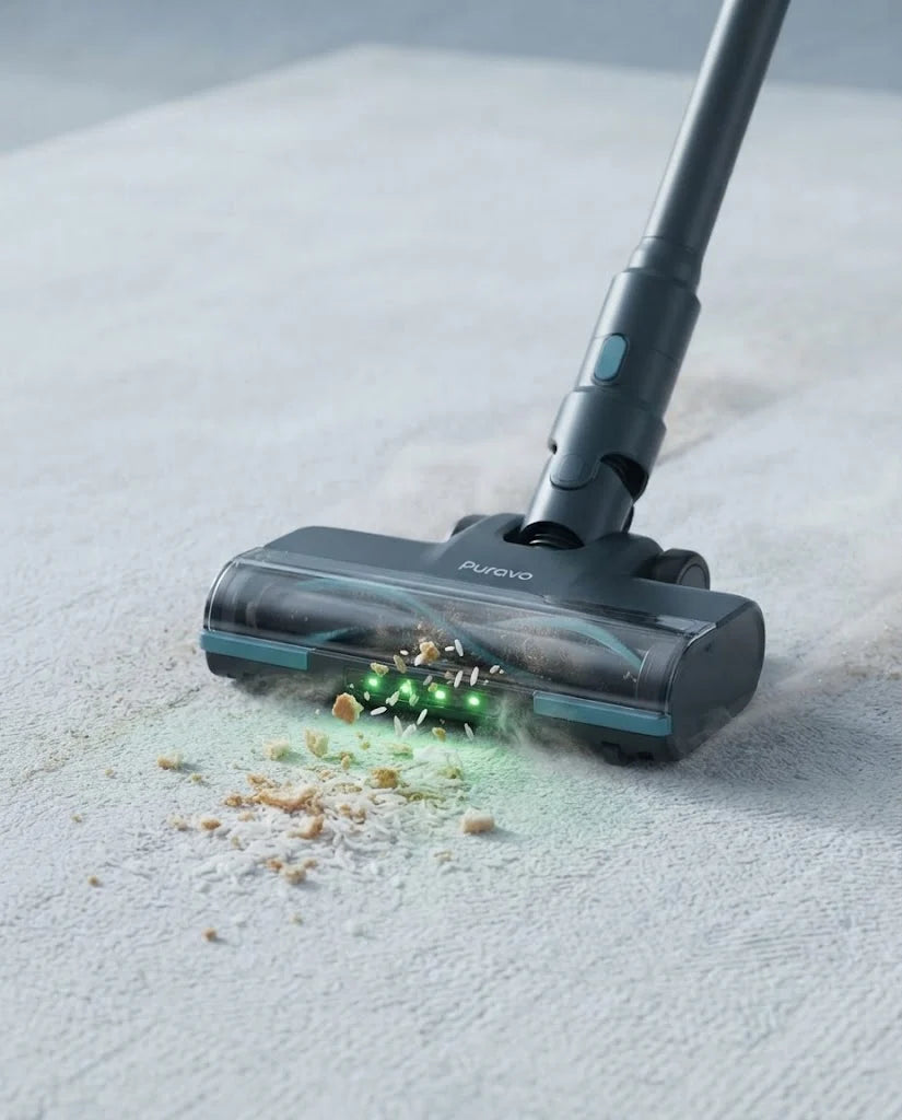 The Puravo Stick floor head on a rug pulling up crumbs with its green light on