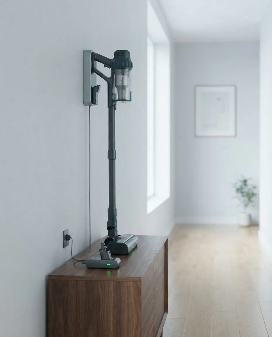 Puravo Stick on its wall mount with the battery pack charging on the console below
