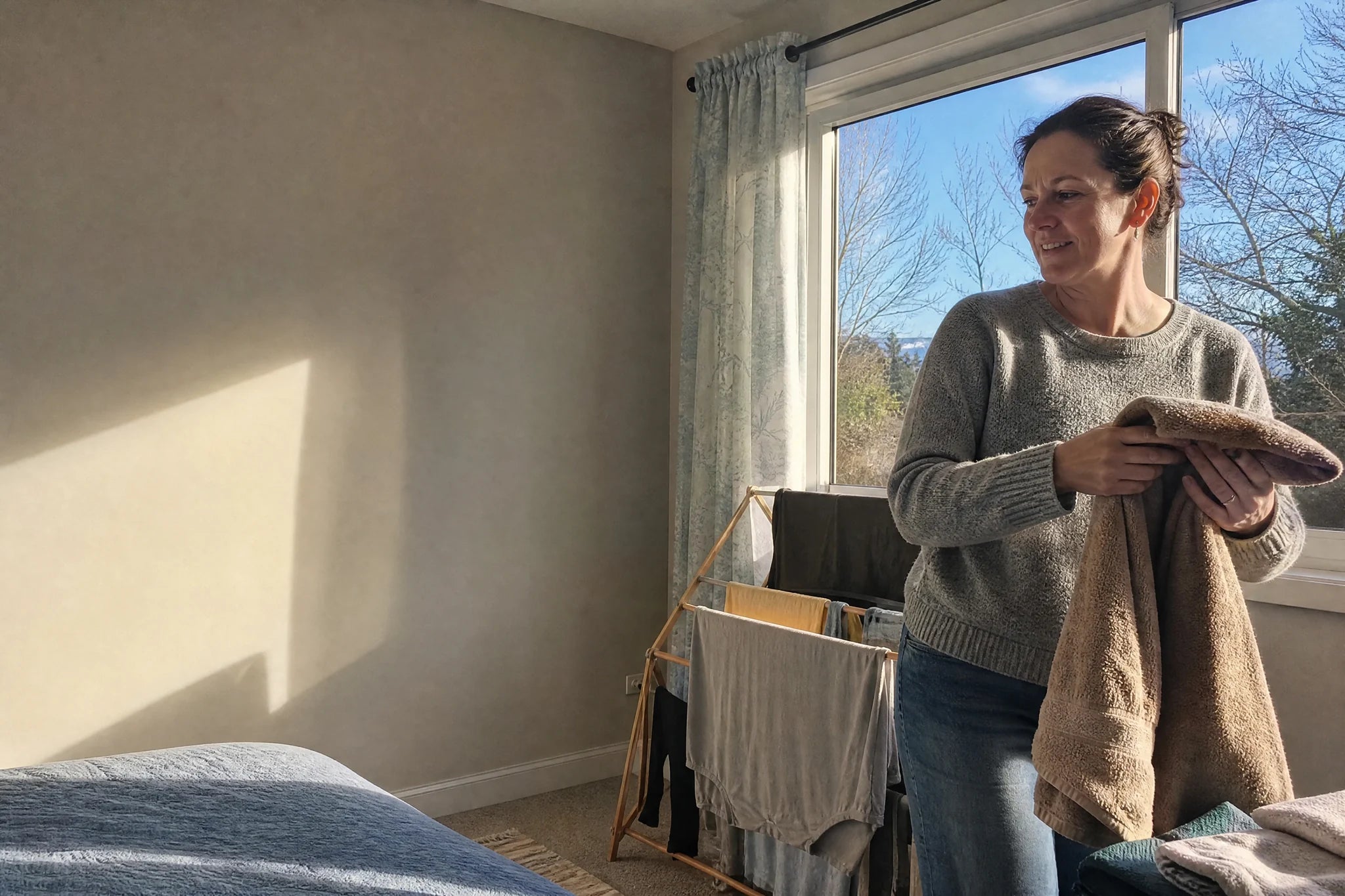 A bright, dry bedroom on a winter morning, laundry dry on the rack
