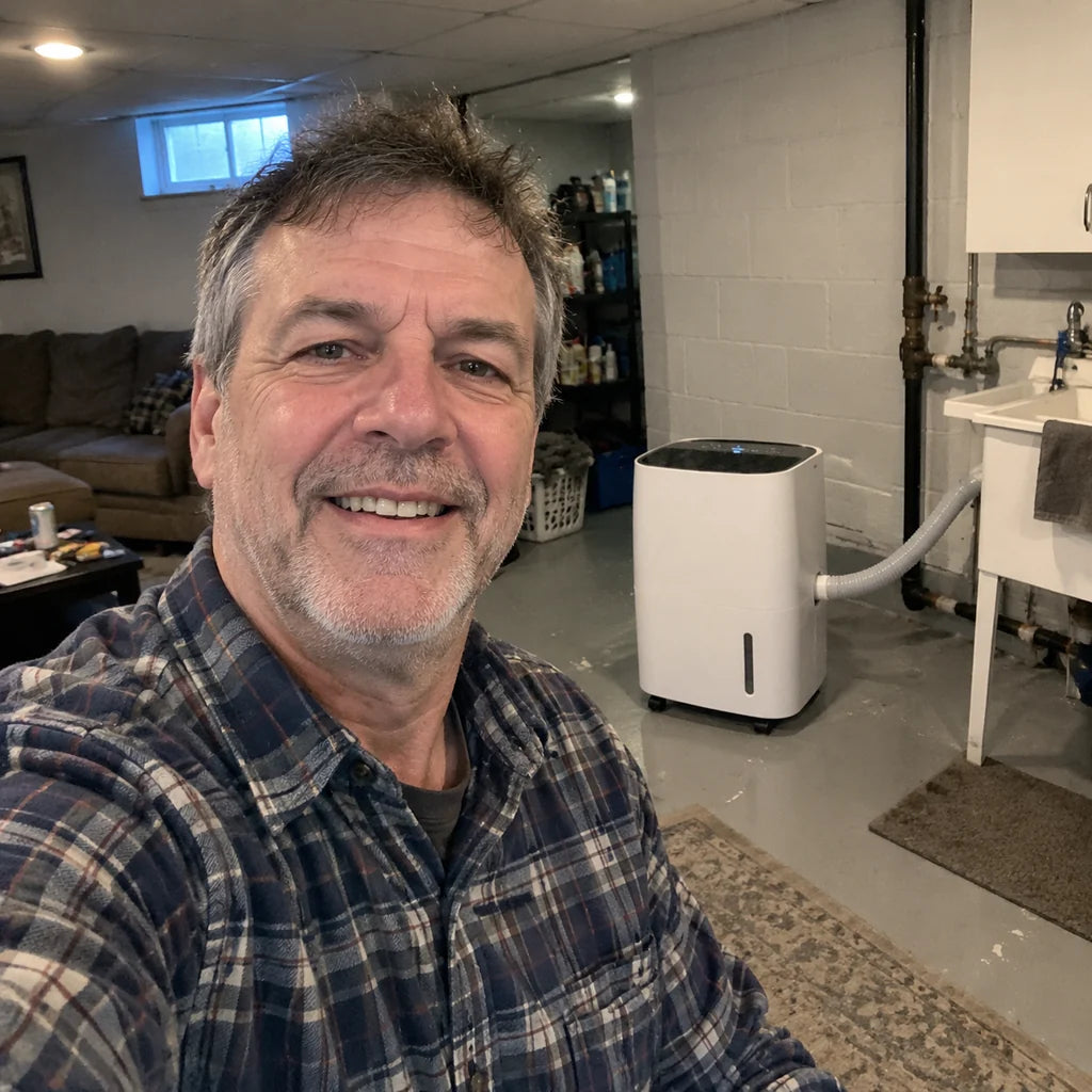 Dale in his basement beside the Puravo Dry with its hose to the sink