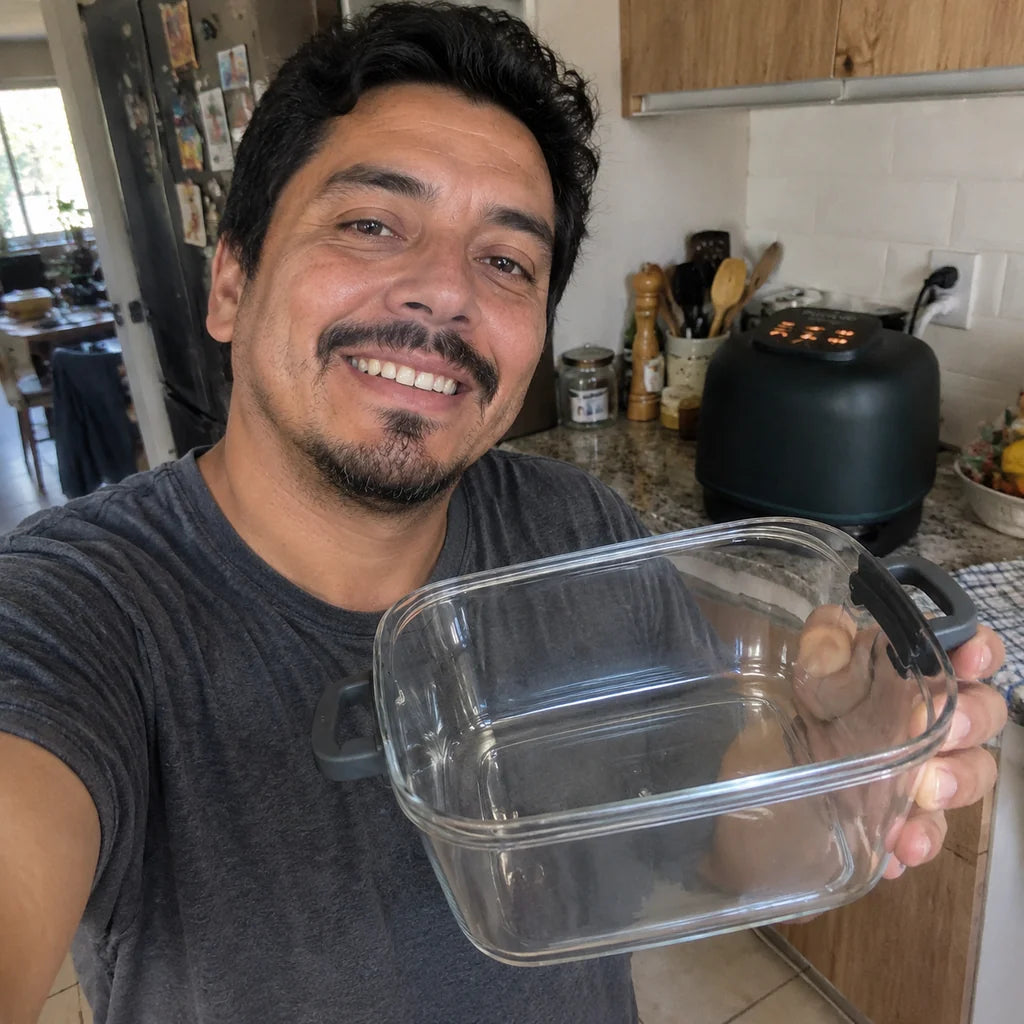 Mateo in his kitchen holding up the glass bowl of the Puravo Glass