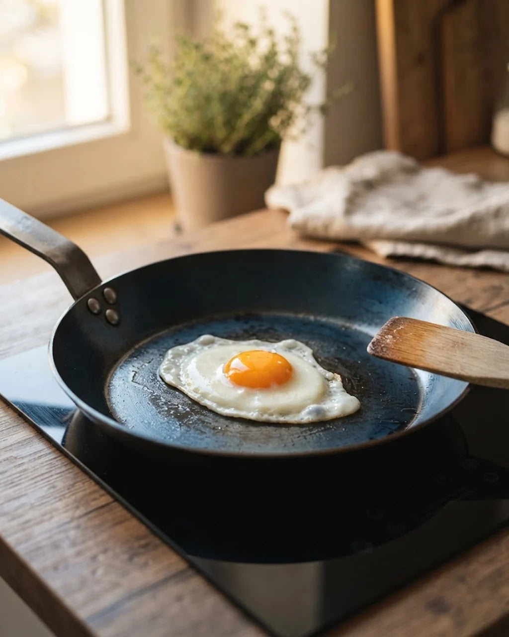A fried egg sliding across a bare carbon steel pan