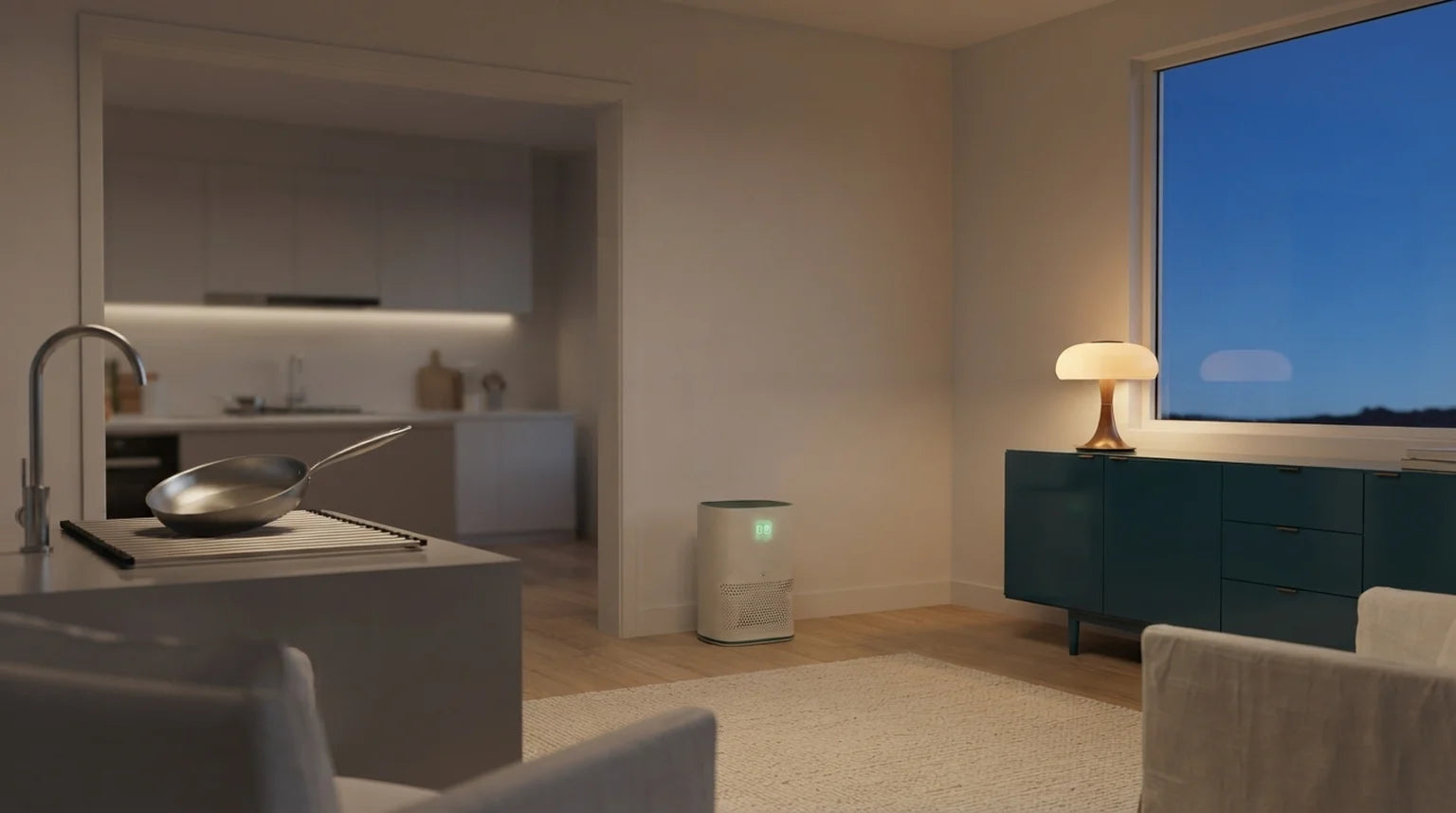 A quiet living room at dusk, the window clear, the Puravo Air in the corner