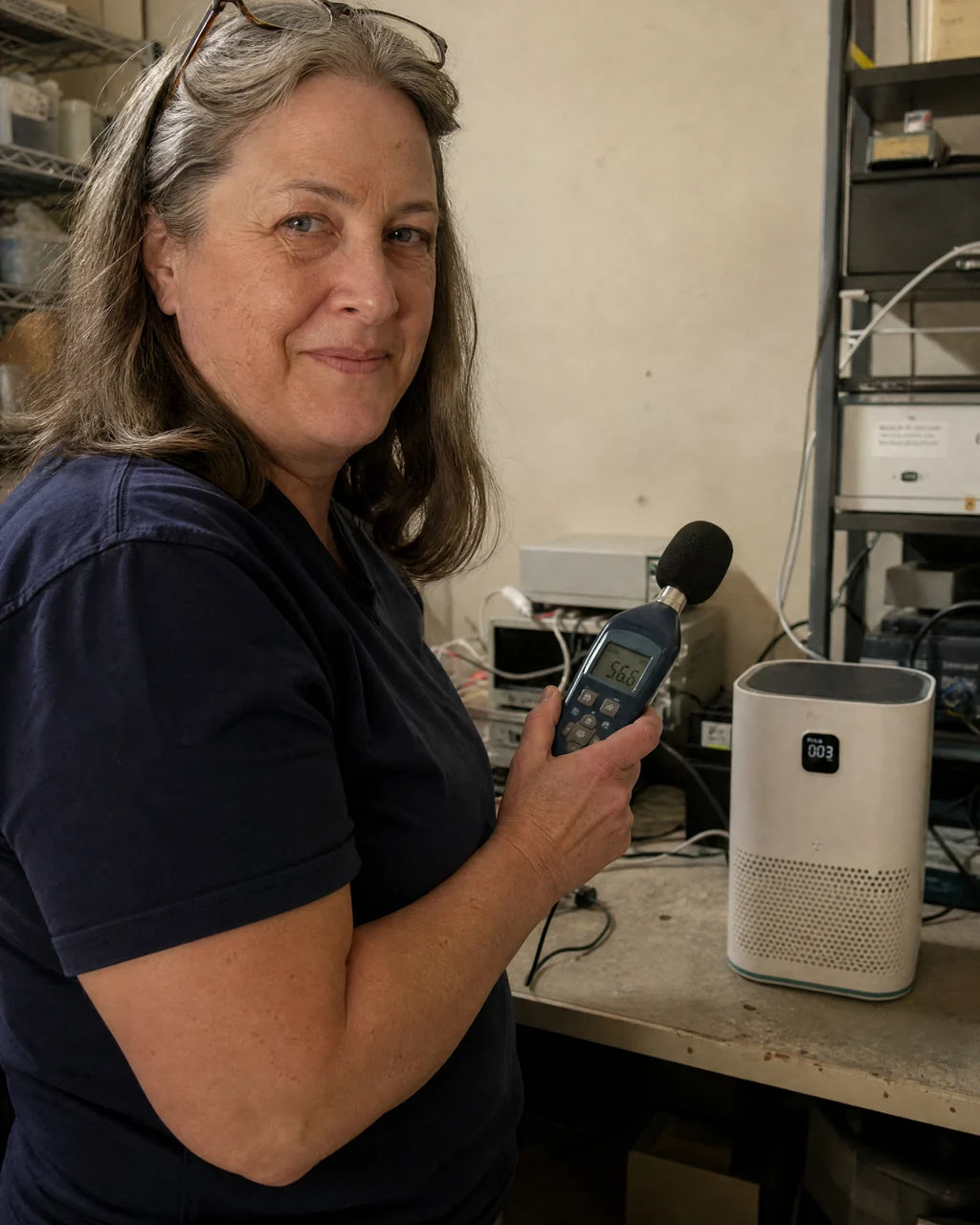 Ingrid, the test engineer, holding a sound meter toward the Puravo Air on her bench