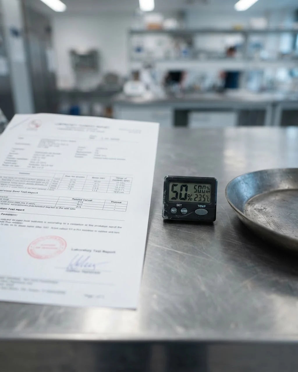 A laboratory test report on a steel bench beside a hygrometer and the edge of a carbon steel pan